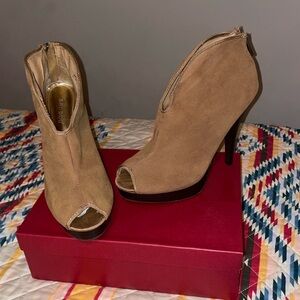 BAMBOO Tan Peep Toe Heels with Suede Finish